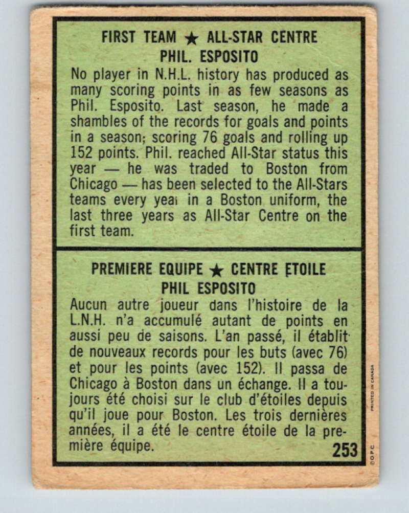 1971-72 O-Pee-Chee #253 Phil Esposito UER AS Boston Bruins 8948 Image 2