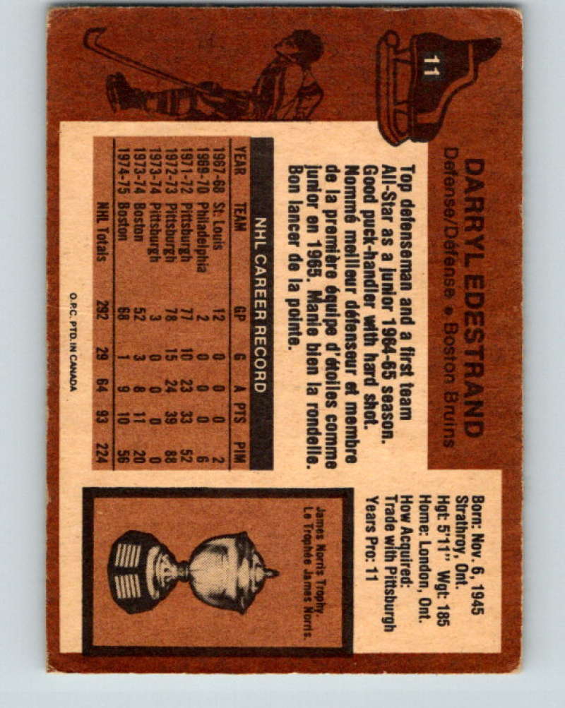 1975-76 O-Pee-Chee #11 Darryl Edestrand Boston Bruins 9234 Image 2