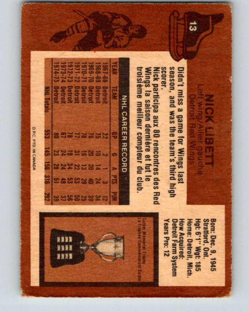 1975-76 O-Pee-Chee #13 Nick Libett Detroit Red Wings 9236