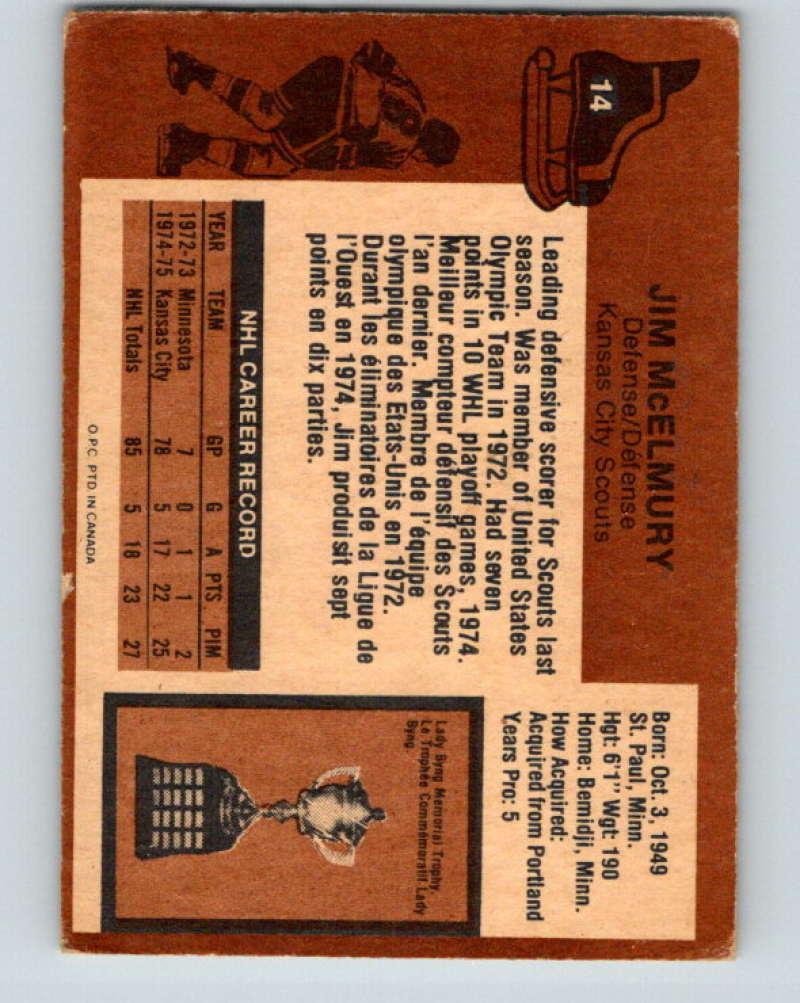 1975-76 O-Pee-Chee #14 Jim McElmury RC Rookie Kansas City Scouts 9237