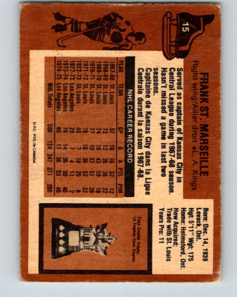 1975-76 O-Pee-Chee #15 Frank St. Marseille Los Angeles Kings 9238