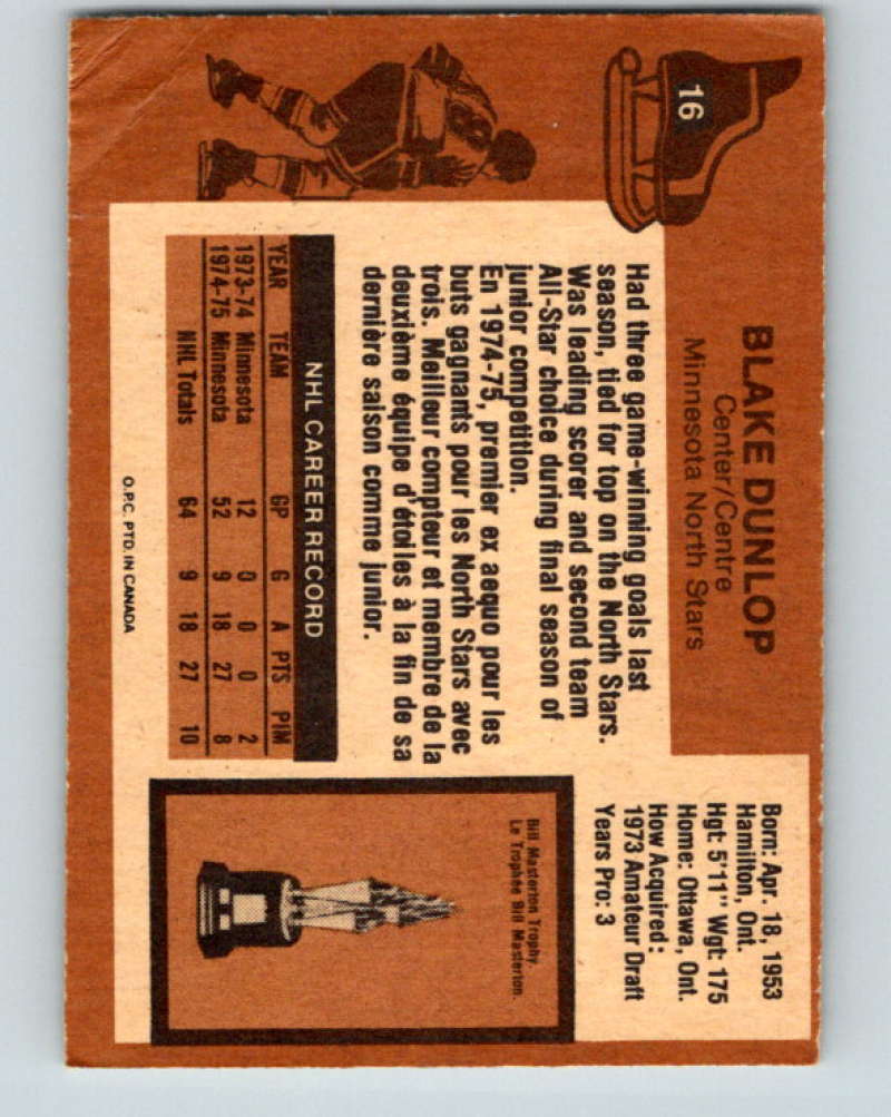 1975-76 O-Pee-Chee #16 Blake Dunlop Minnesota North Stars 9239