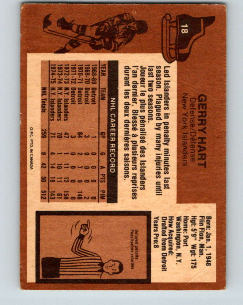 1975-76 O-Pee-Chee #18 Gerry Hart New York Islanders 9241