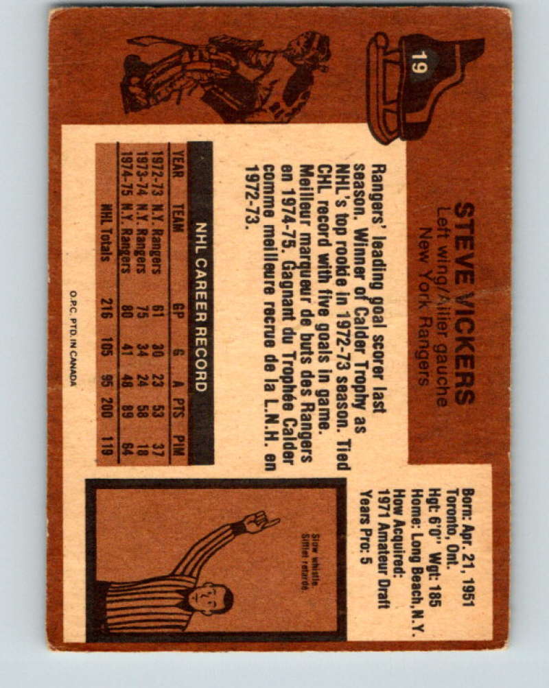 1975-76 O-Pee-Chee #19 Steve Vickers New York Rangers 9242