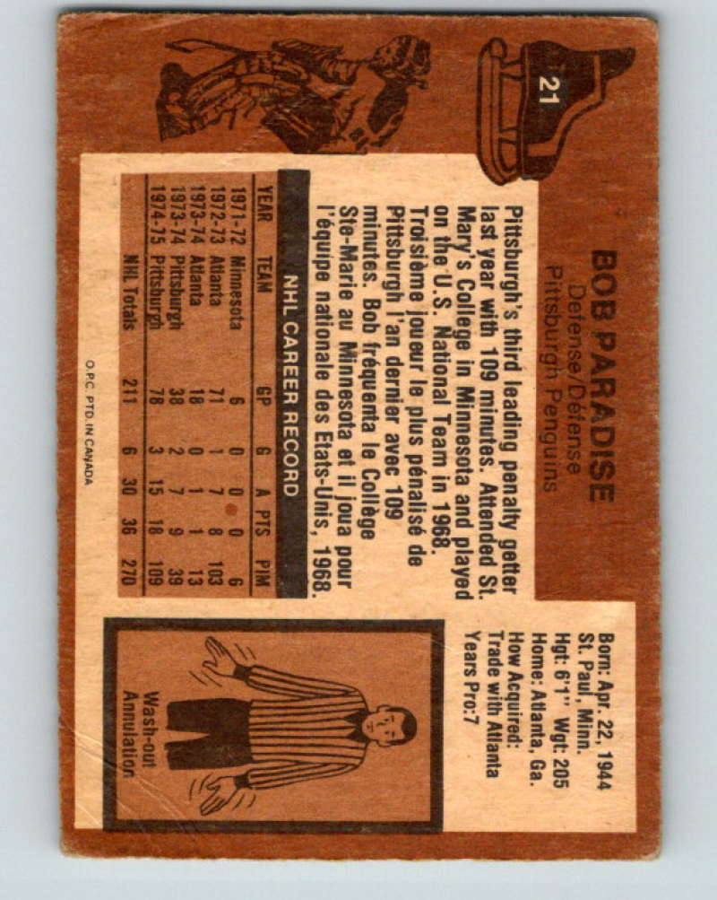 1975-76 O-Pee-Chee #21 Bob Paradise Pittsburgh Penguins 9244