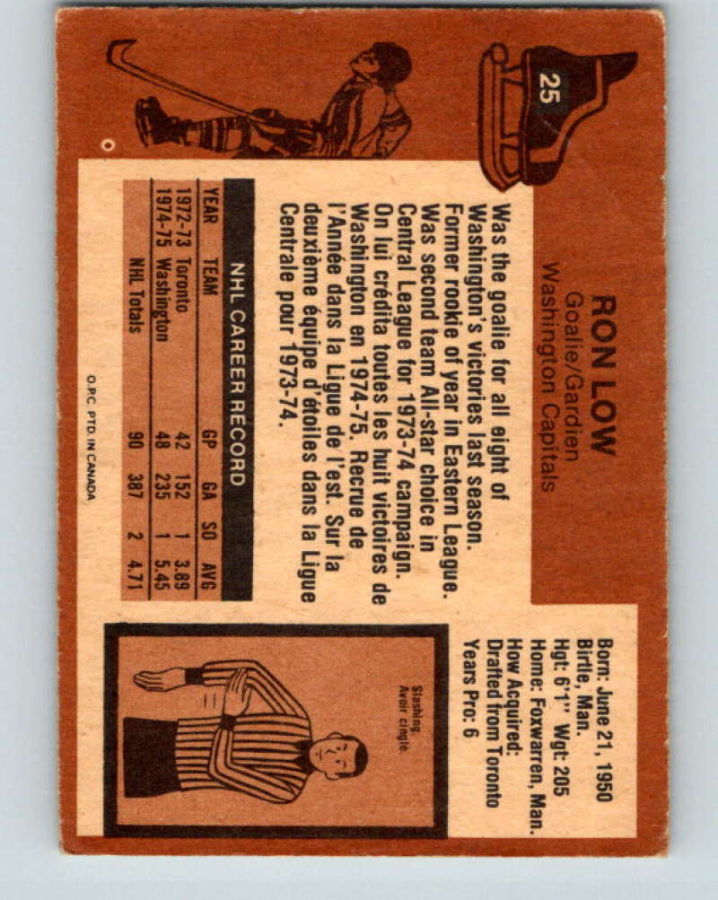 1975-76 O-Pee-Chee #25 Ron Low Washington Capitals 9248