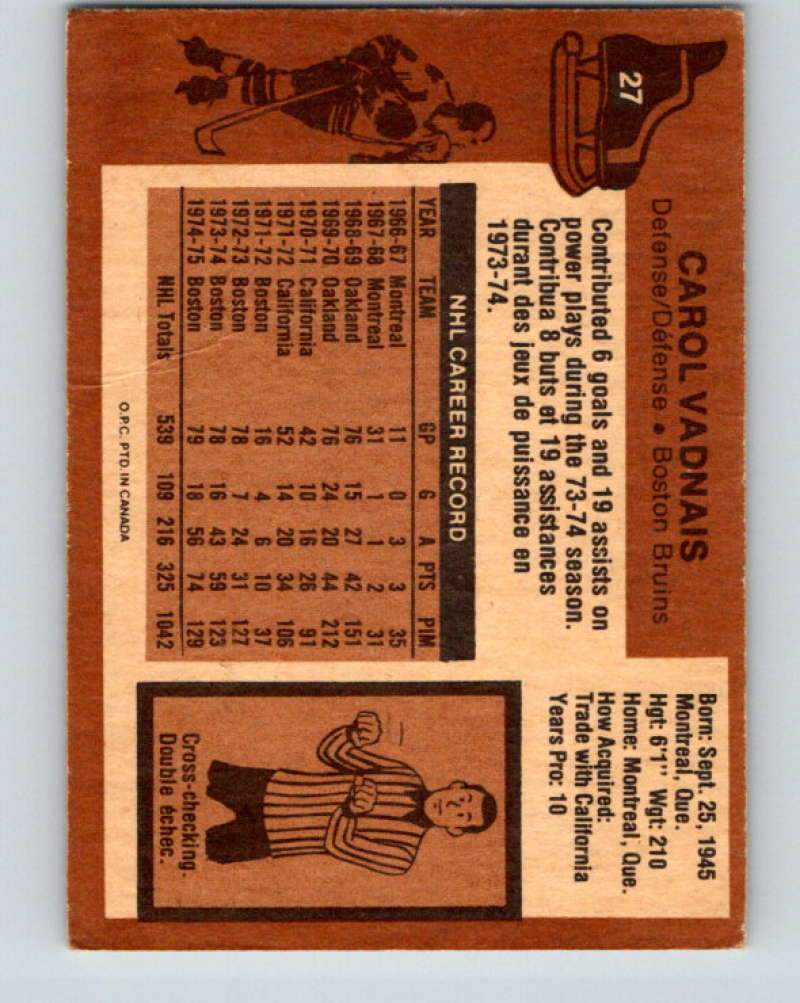 1975-76 O-Pee-Chee #27 Carol Vadnais Boston Bruins 9250