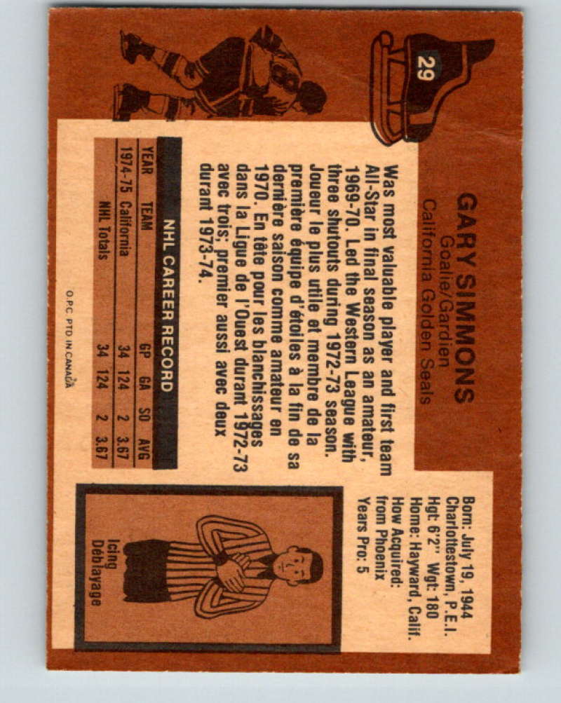 1975-76 O-Pee-Chee #29 Gary Simmons California Golden Seals 9252