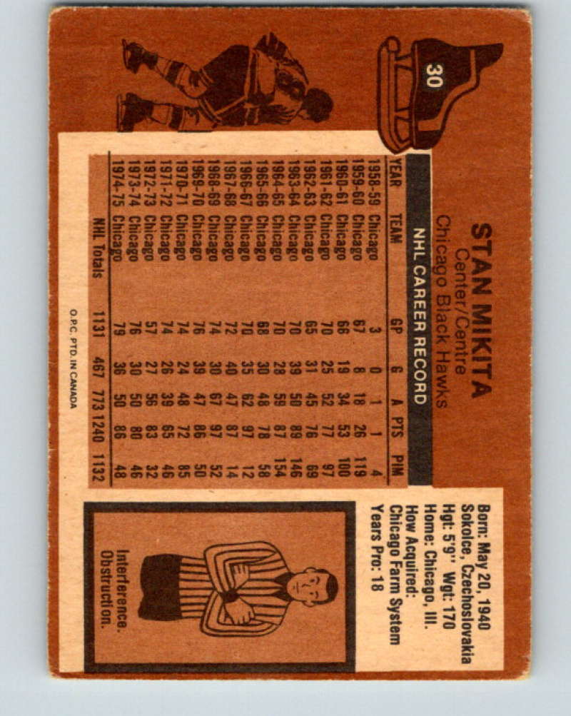 1975-76 O-Pee-Chee #30 Stan Mikita Chicago Blackhawks 9253