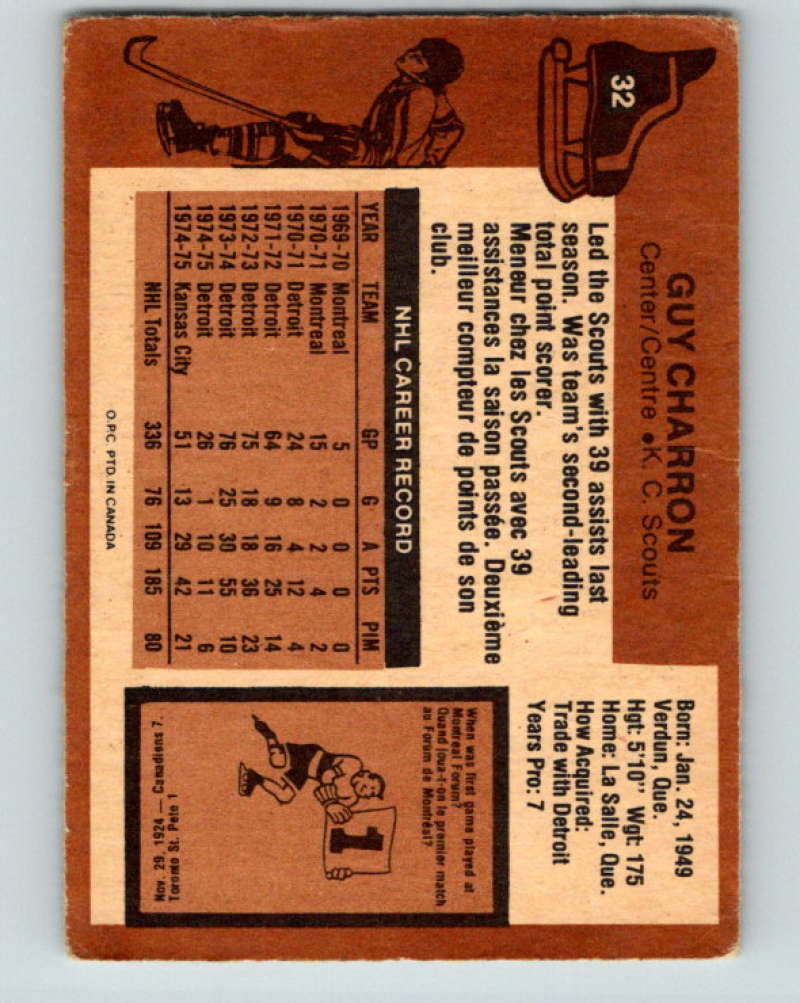 1975-76 O-Pee-Chee #32 Guy Charron Kansas City Scouts 9255