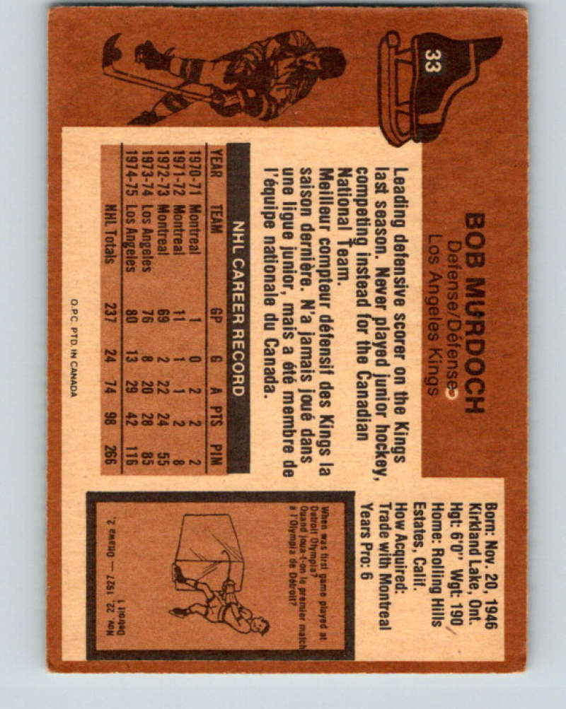 1975-76 O-Pee-Chee #33 Bob Murdoch Los Angeles Kings 9256
