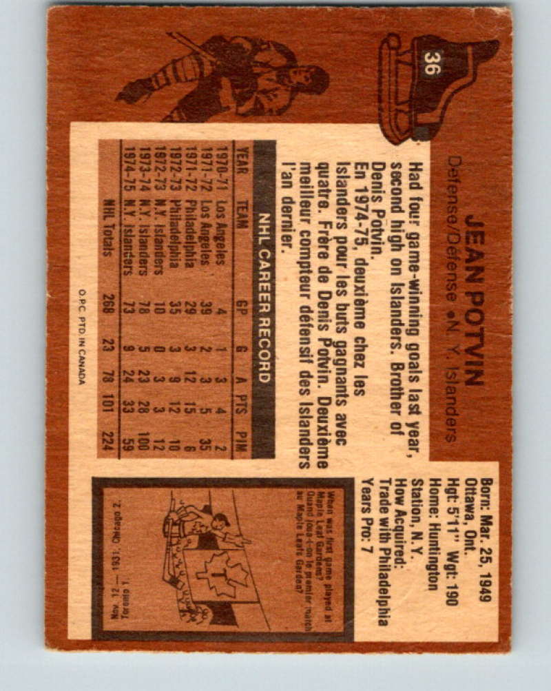 1975-76 O-Pee-Chee #36 Jean Potvin New York Islanders 9259