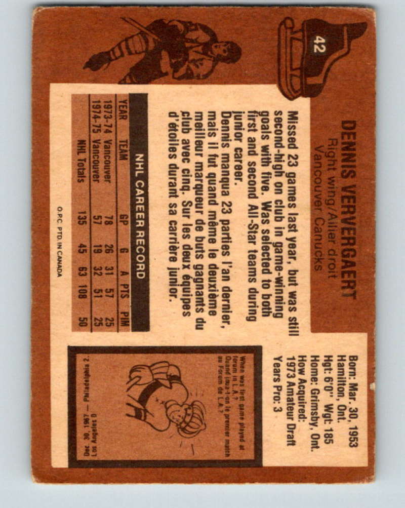 1975-76 O-Pee-Chee #42 Dennis Ververgaert Vancouver Canucks 9265