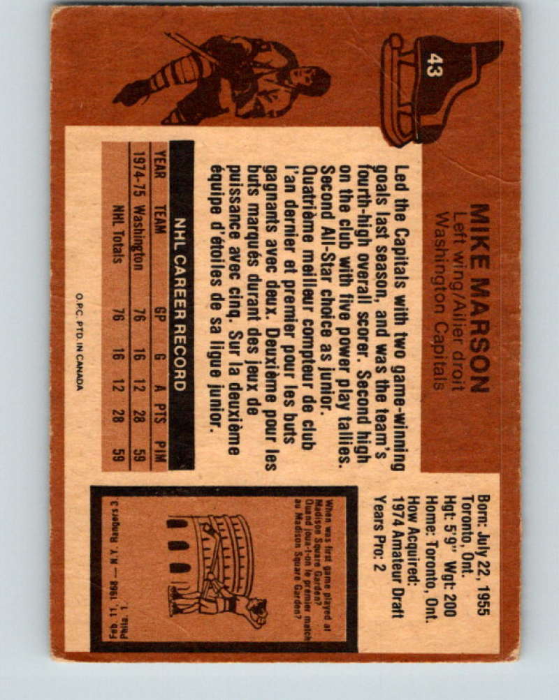 1975-76 O-Pee-Chee #43 Mike Marson RC Rookie Washington Capitals 9266