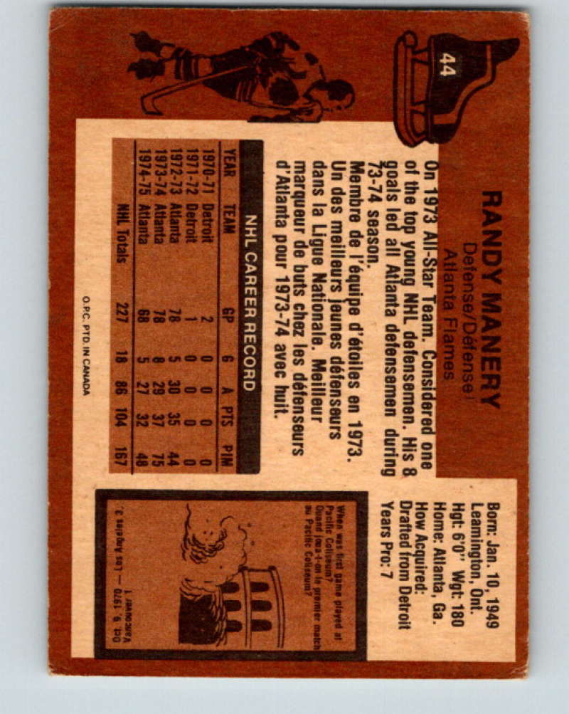 1975-76 O-Pee-Chee #44 Randy Manery Atlanta Flames 9267
