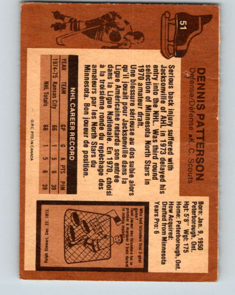 1975-76 O-Pee-Chee #51 Dennis Patterson RC Rookie Kansas City Scouts 9274