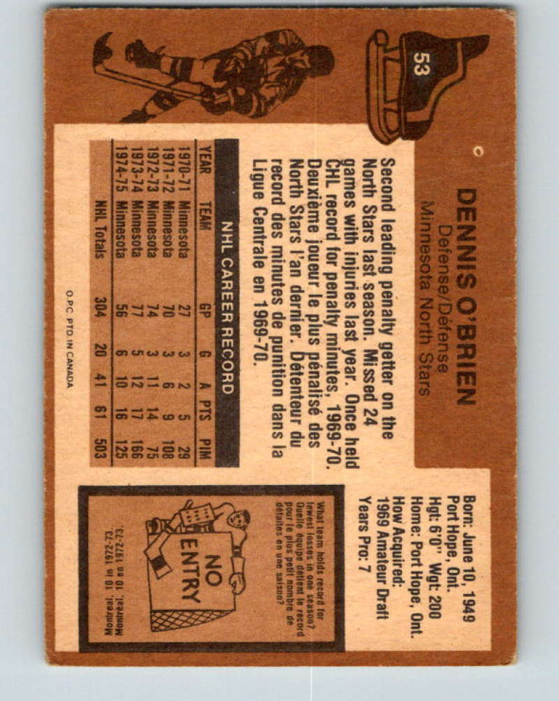 1975-76 O-Pee-Chee #53 Dennis O'Brien Minnesota North Stars 9276
