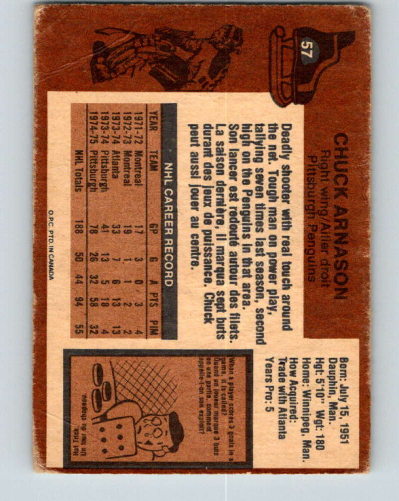 1975-76 O-Pee-Chee #57 Chuck Arnason Pittsburgh Penguins 9280 Image 2