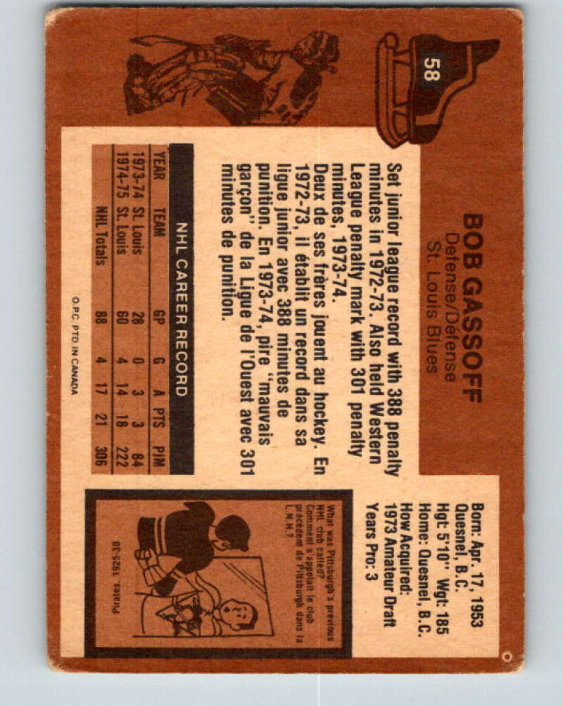 1975-76 O-Pee-Chee #58 Bob Gassoff RC Rookie St. Louis Blues 9281