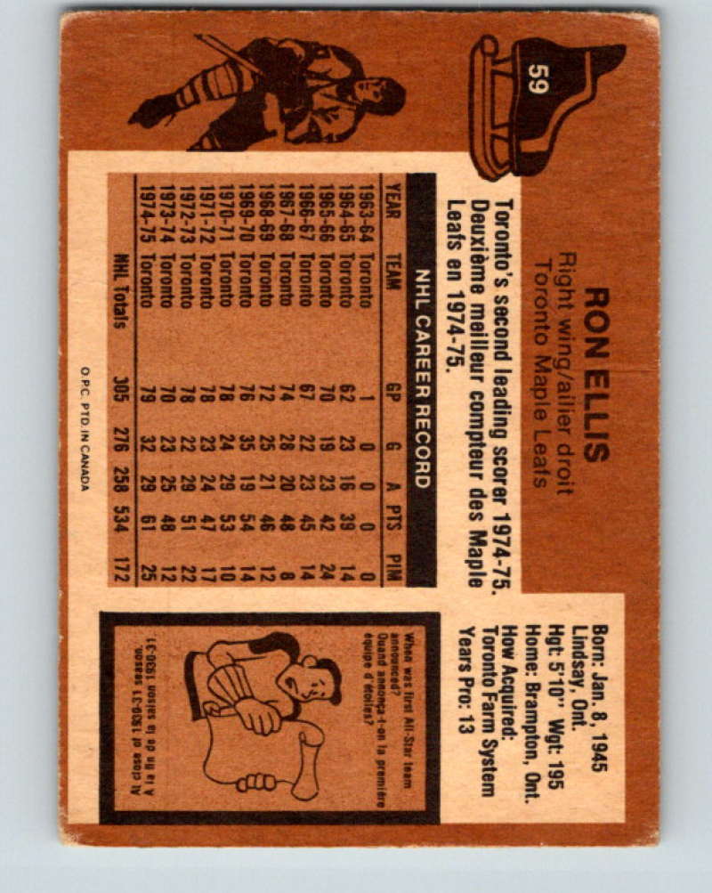 1975-76 O-Pee-Chee #59 Ron Ellis Toronto Maple Leafs 9282