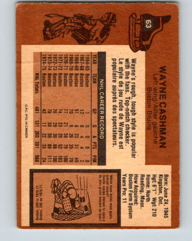 1975-76 O-Pee-Chee #63 Wayne Cashman Boston Bruins 9286