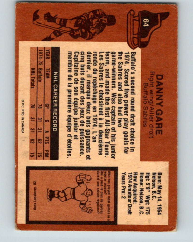 1975-76 O-Pee-Chee #64 Danny Gare RC Rookie Buffalo Sabres 9287