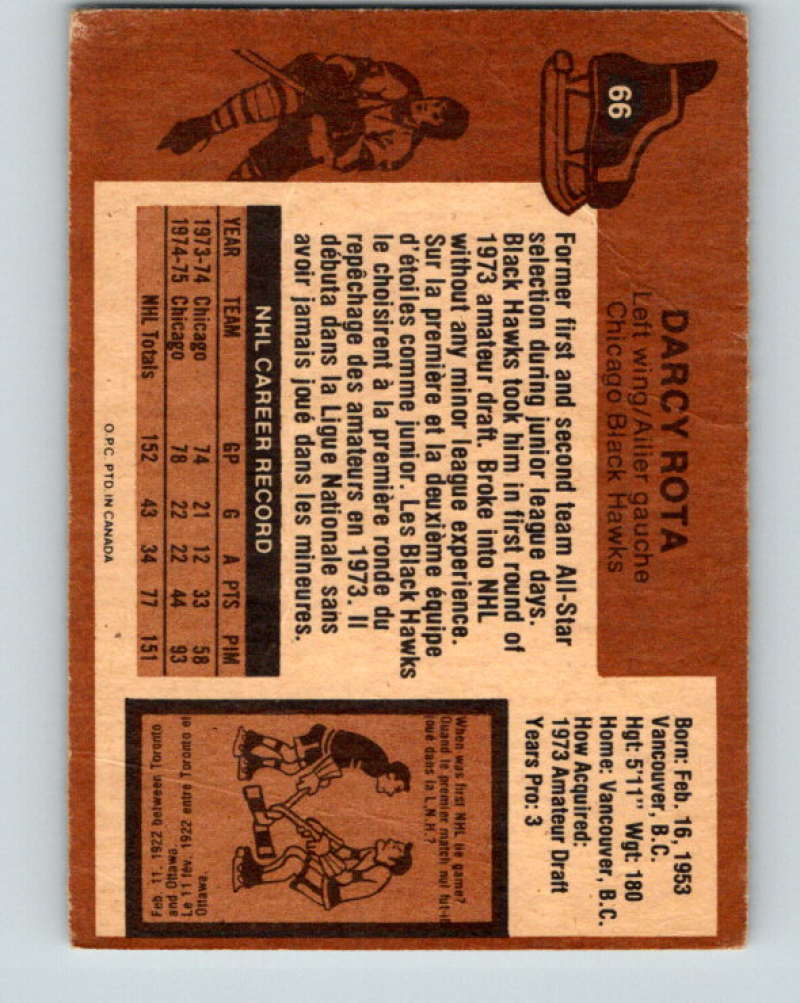 1975-76 O-Pee-Chee #66 Darcy Rota Chicago Blackhawks 9289