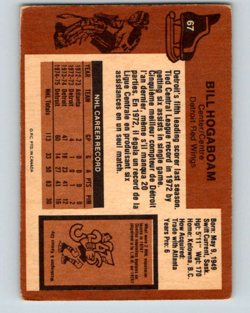1975-76 O-Pee-Chee #67 Bill Hogaboam Detroit Red Wings 9290