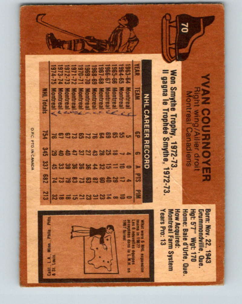1975-76 O-Pee-Chee #70 Yvan Cournoyer Montreal Canadiens 9293