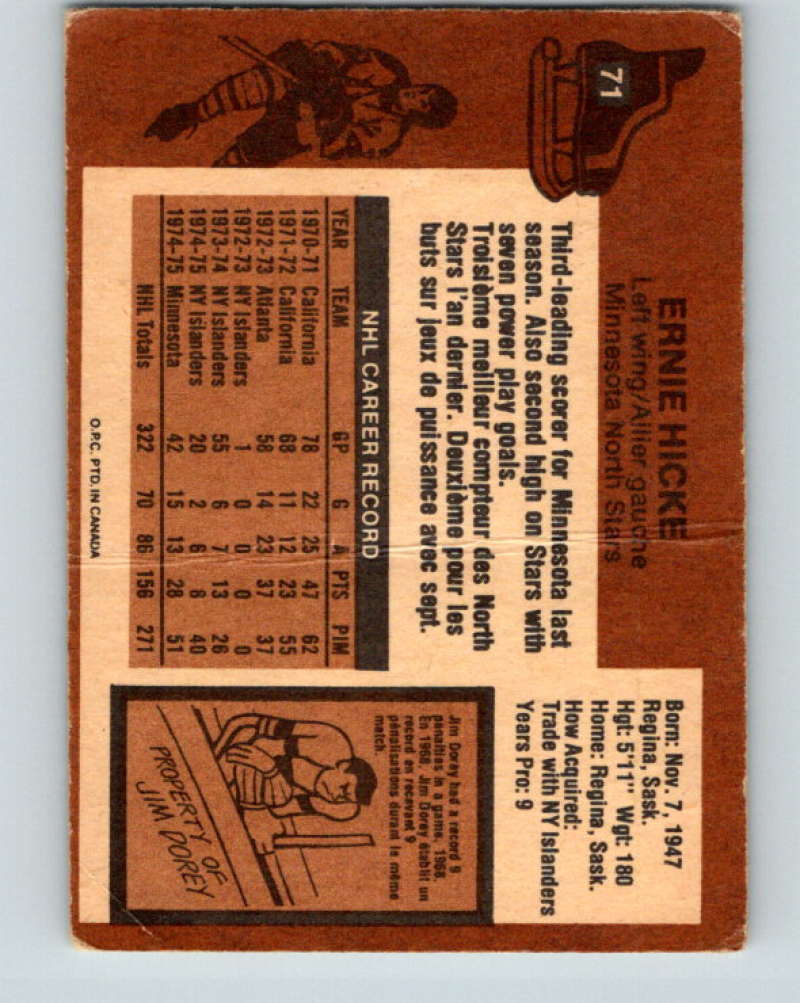 1975-76 O-Pee-Chee #71 Ernie Hicke Minnesota North Stars 9294