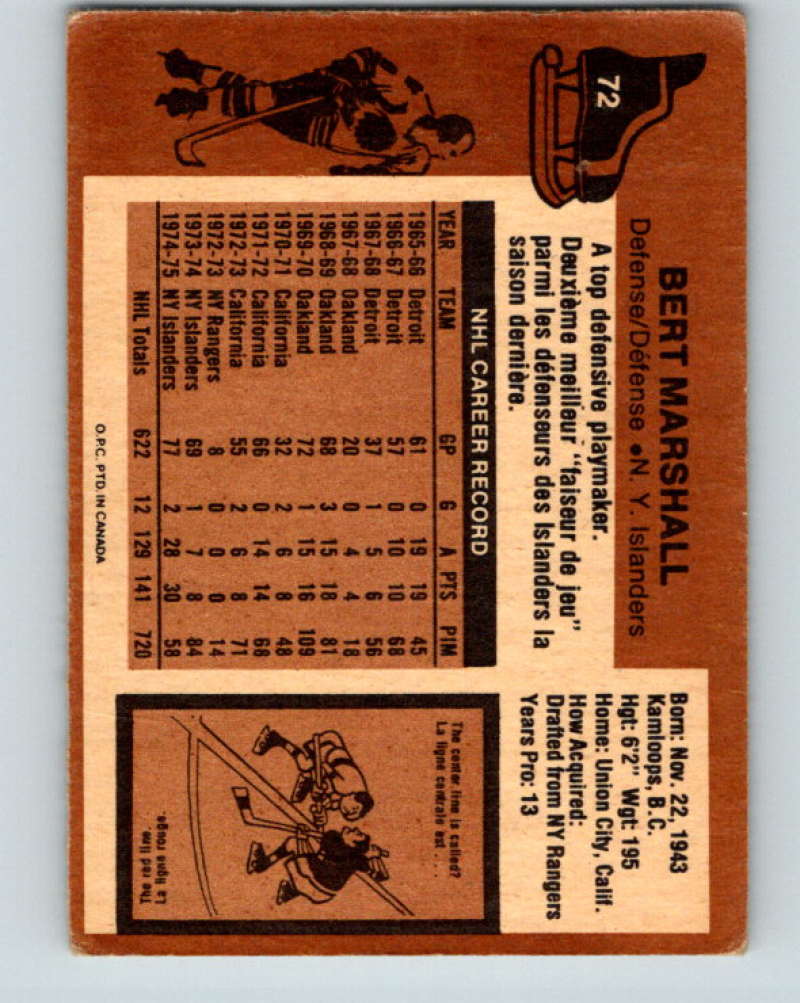 1975-76 O-Pee-Chee #72 Bert Marshall New York Islanders 9295 Image 2