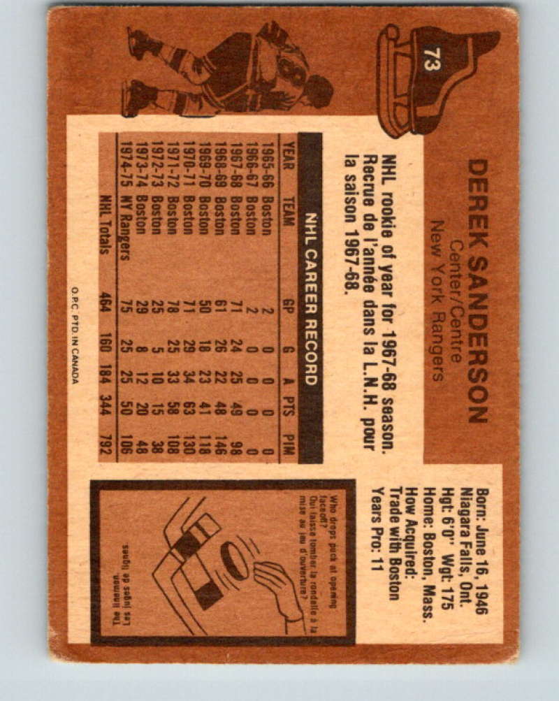 1975-76 O-Pee-Chee #73 Derek Sanderson New York Rangers 9296