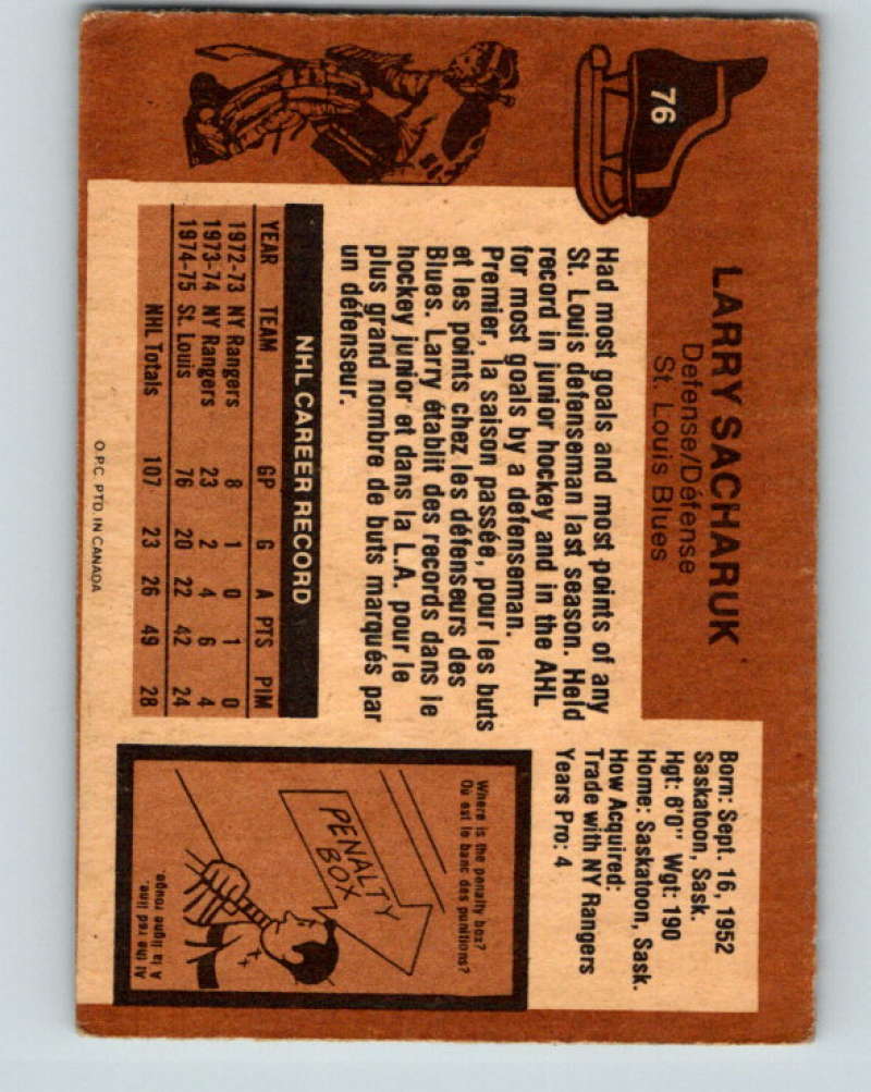 1975-76 O-Pee-Chee #76 Larry Sacharuk RC Rookie St. Louis Blues 9299