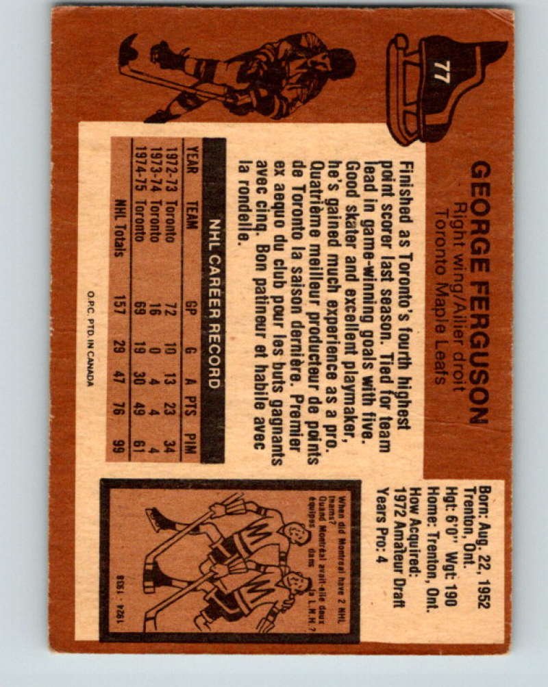 1975-76 O-Pee-Chee #77 George Ferguson Toronto Maple Leafs 9300