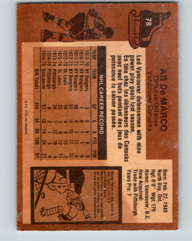 1975-76 O-Pee-Chee #78 Ab DeMarco Vancouver Canucks 9301