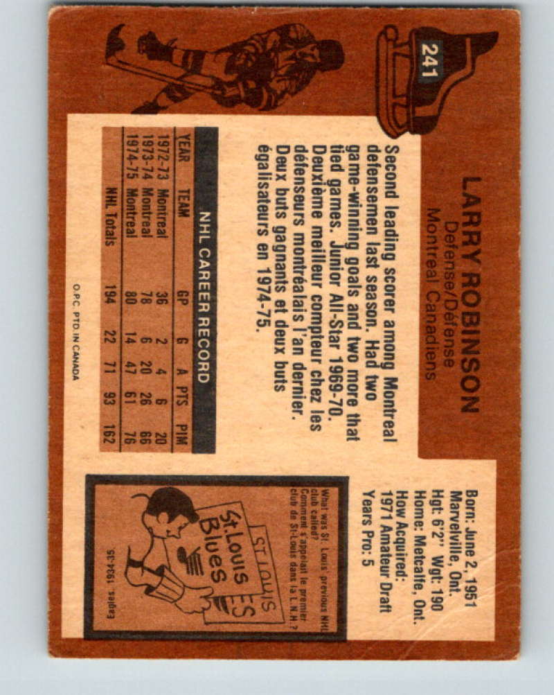 1975-76 O-Pee-Chee #241 Larry Robinson Montreal Canadiens 9464