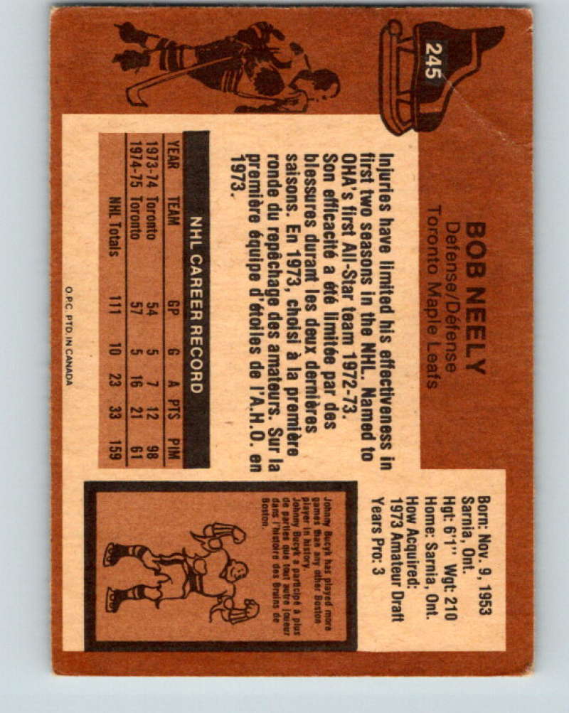 1975-76 O-Pee-Chee #245 Bob Neely Toronto Maple Leafs 9468
