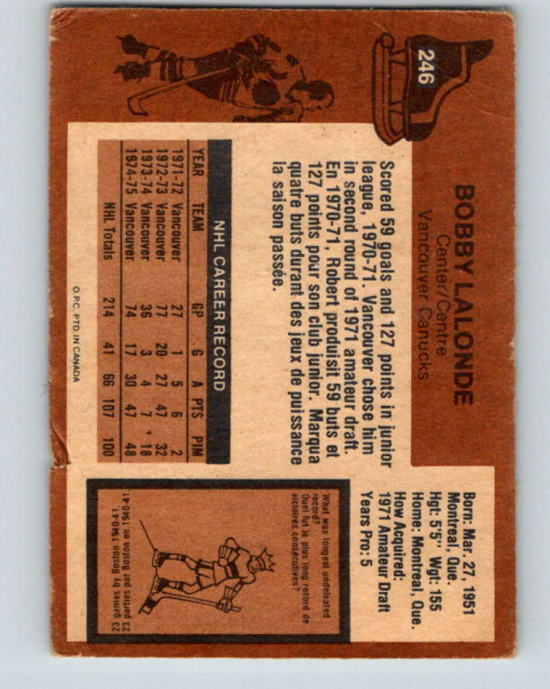 1975-76 O-Pee-Chee #246 Bobby Lalonde Vancouver Canucks 9469 Image 2