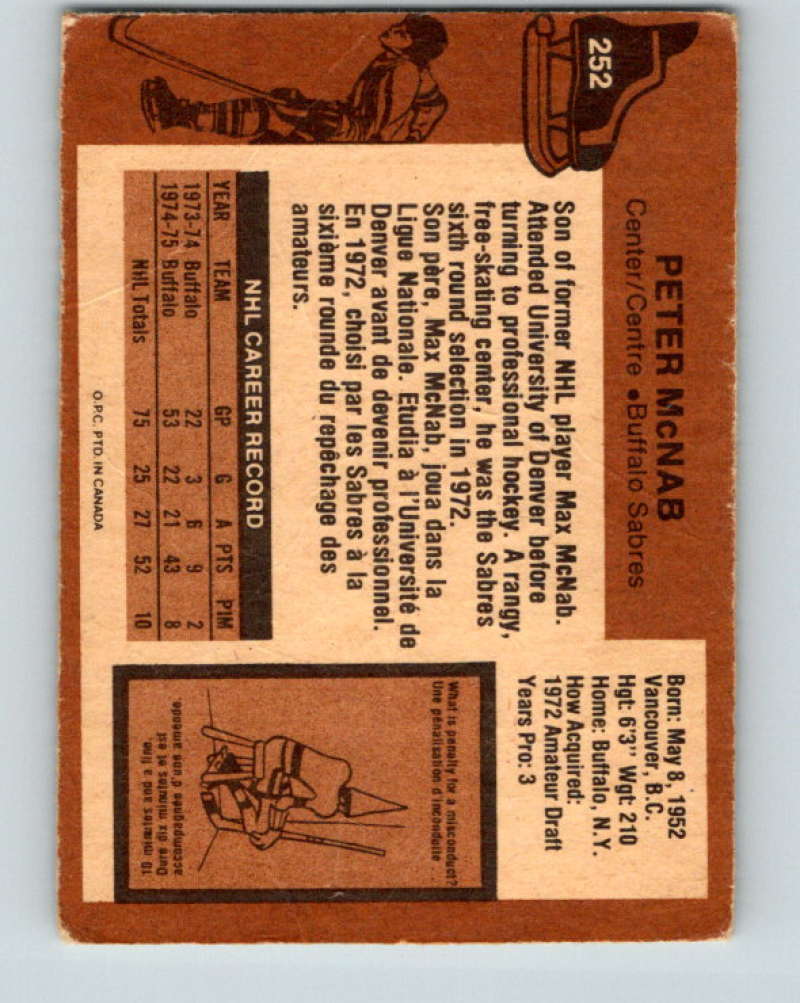 1975-76 O-Pee-Chee #252 Peter McNab RC Rookie Buffalo Sabres 9479