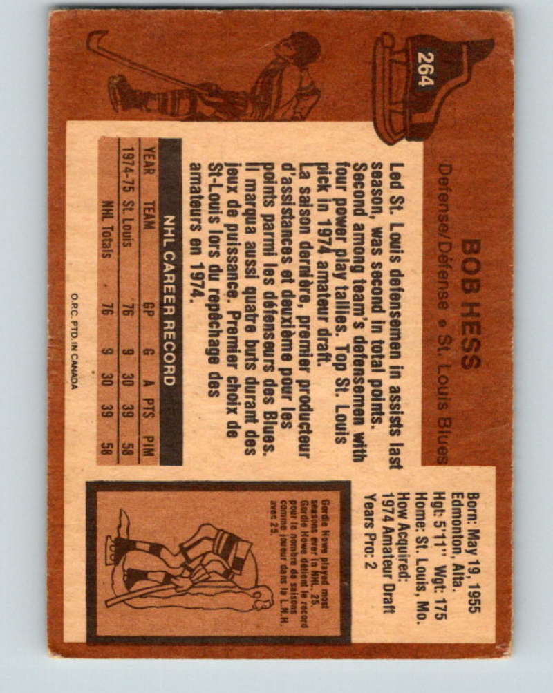1975-76 O-Pee-Chee #264 Bob Hess RC Rookie St. Louis Blues 9491