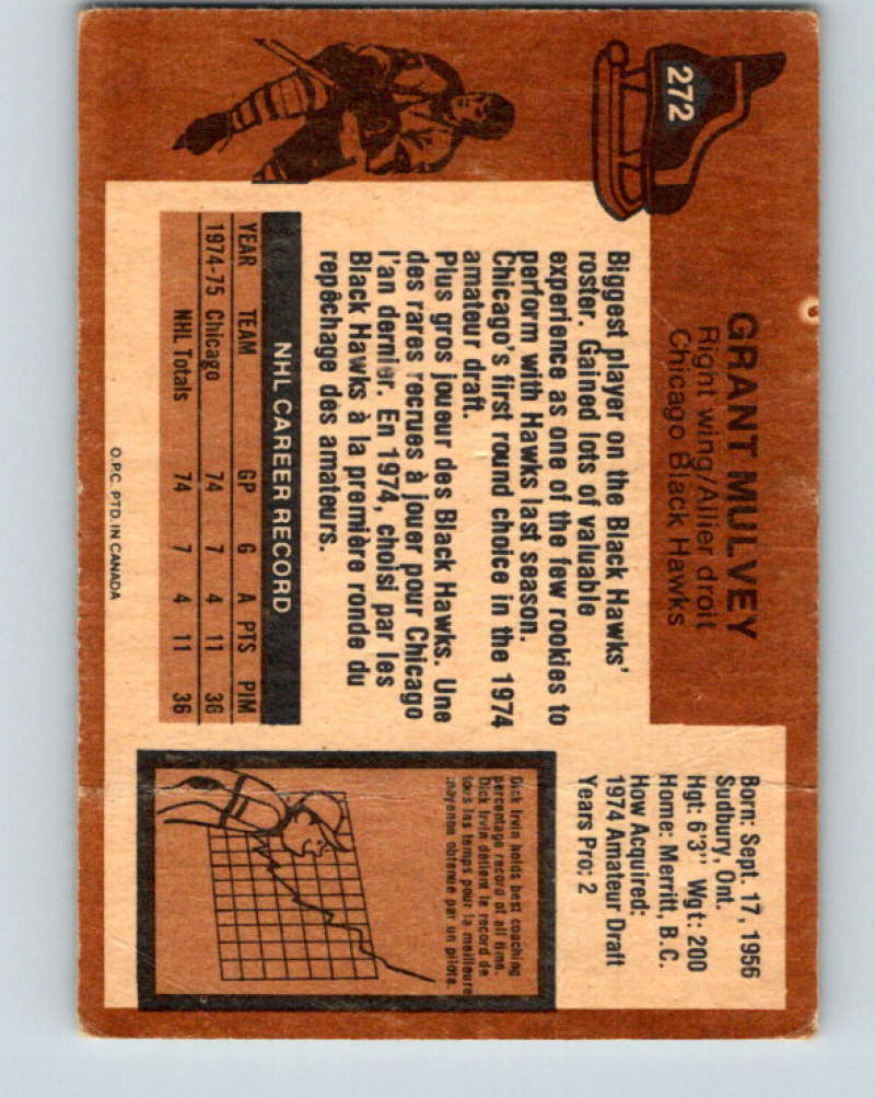 1975-76 O-Pee-Chee #272 Grant Mulvey RC Rookie Chicago Blackhawks 9500 Image 2