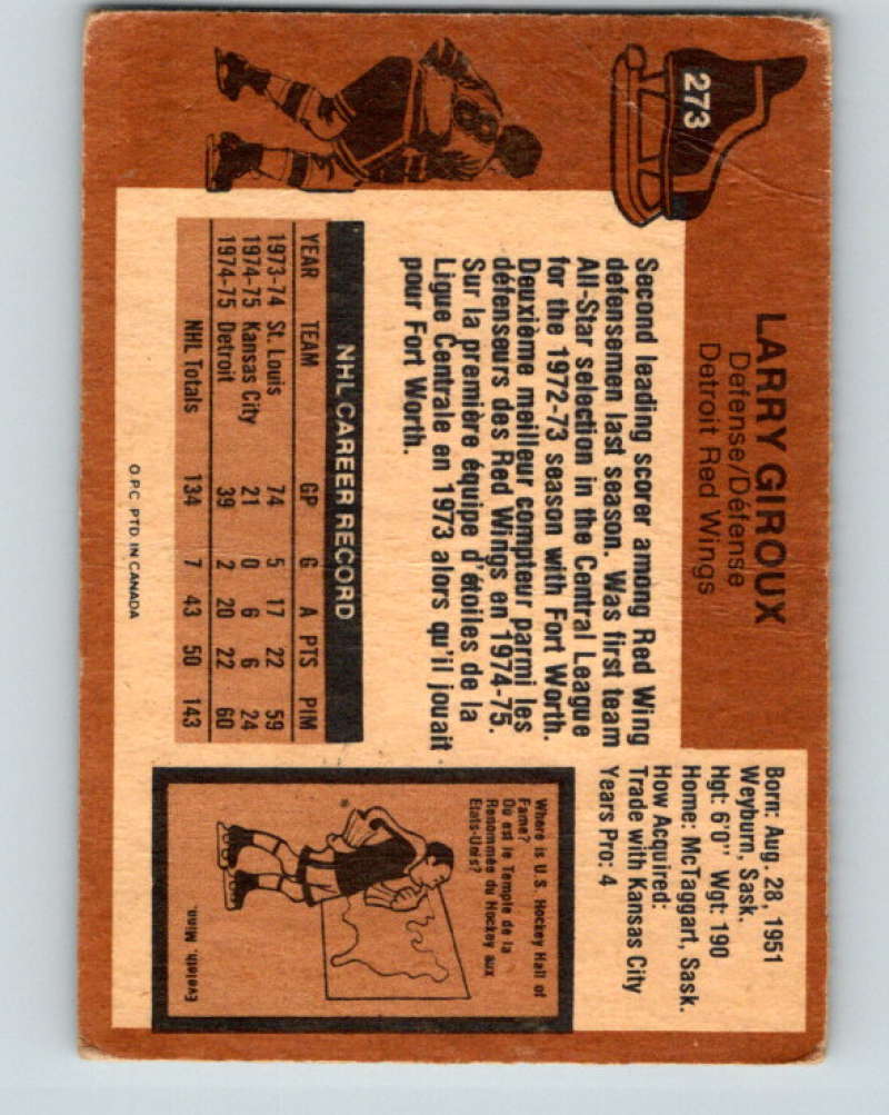 1975-76 O-Pee-Chee #273 Larry Giroux RC Rookie Detroit Red Wings 9501