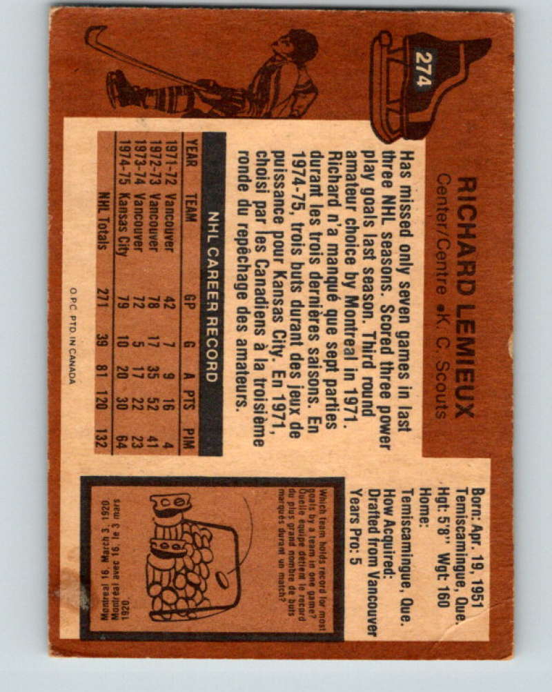 1975-76 O-Pee-Chee #274 Richard Lemieux Kansas City Scouts 9502 Image 2