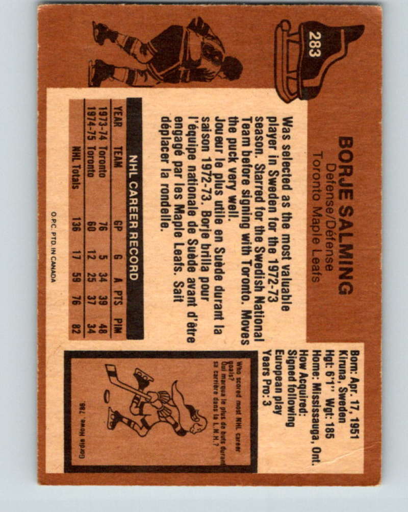 1975-76 O-Pee-Chee #283 Borje Salming Toronto Maple Leafs 9511