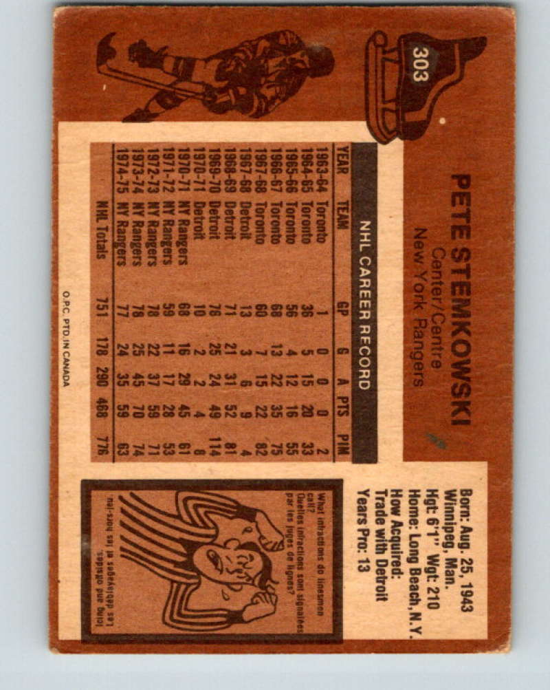1975-76 O-Pee-Chee #303 Pete Stemkowski New York Rangers 9531 Image 2