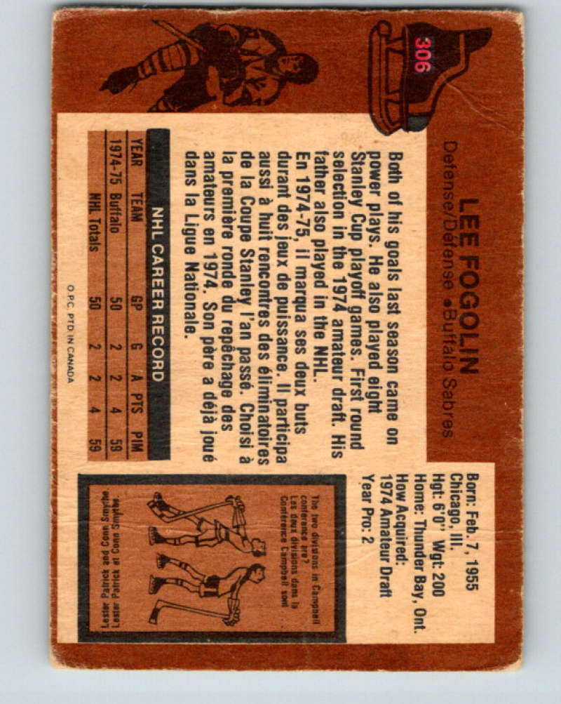 1975-76 O-Pee-Chee #306 Lee Fogolin RC Rookie Buffalo Sabres 9534