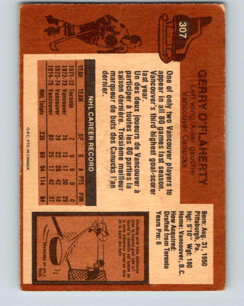 1975-76 O-Pee-Chee #307 Gerry O'Flaherty Vancouver Canucks 9535 Image 2