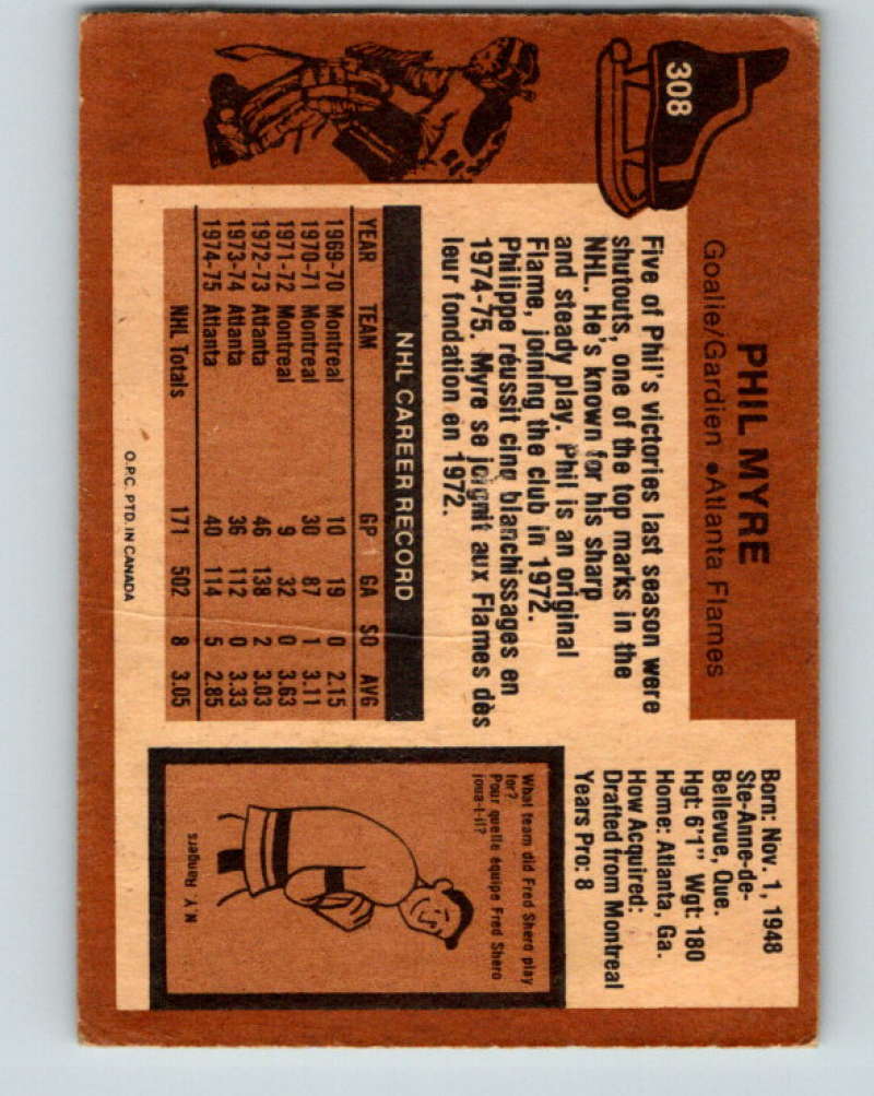 1975-76 O-Pee-Chee #308 Phil Myre Atlanta Flames 9536 Image 2