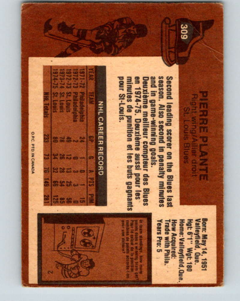 1975-76 O-Pee-Chee #309 Pierre Plante St. Louis Blues 9537 Image 2