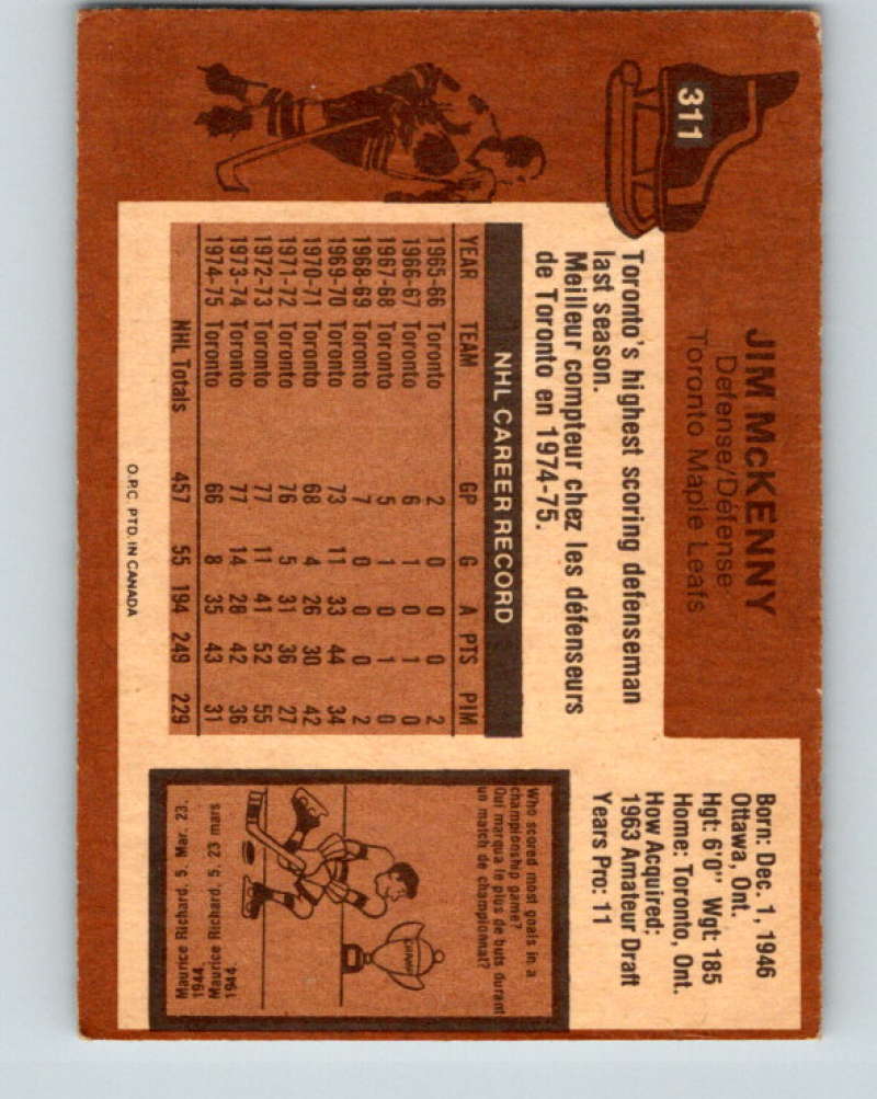 1975-76 O-Pee-Chee #311 Jim McKenny Toronto Maple Leafs 9539